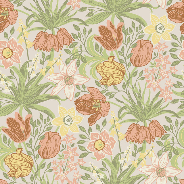 Cecilia Chartreuse Tulip and Daffodil Wallpaper with Botanical Whimsical Floral Pattern - A-Street Prints 4143-34028