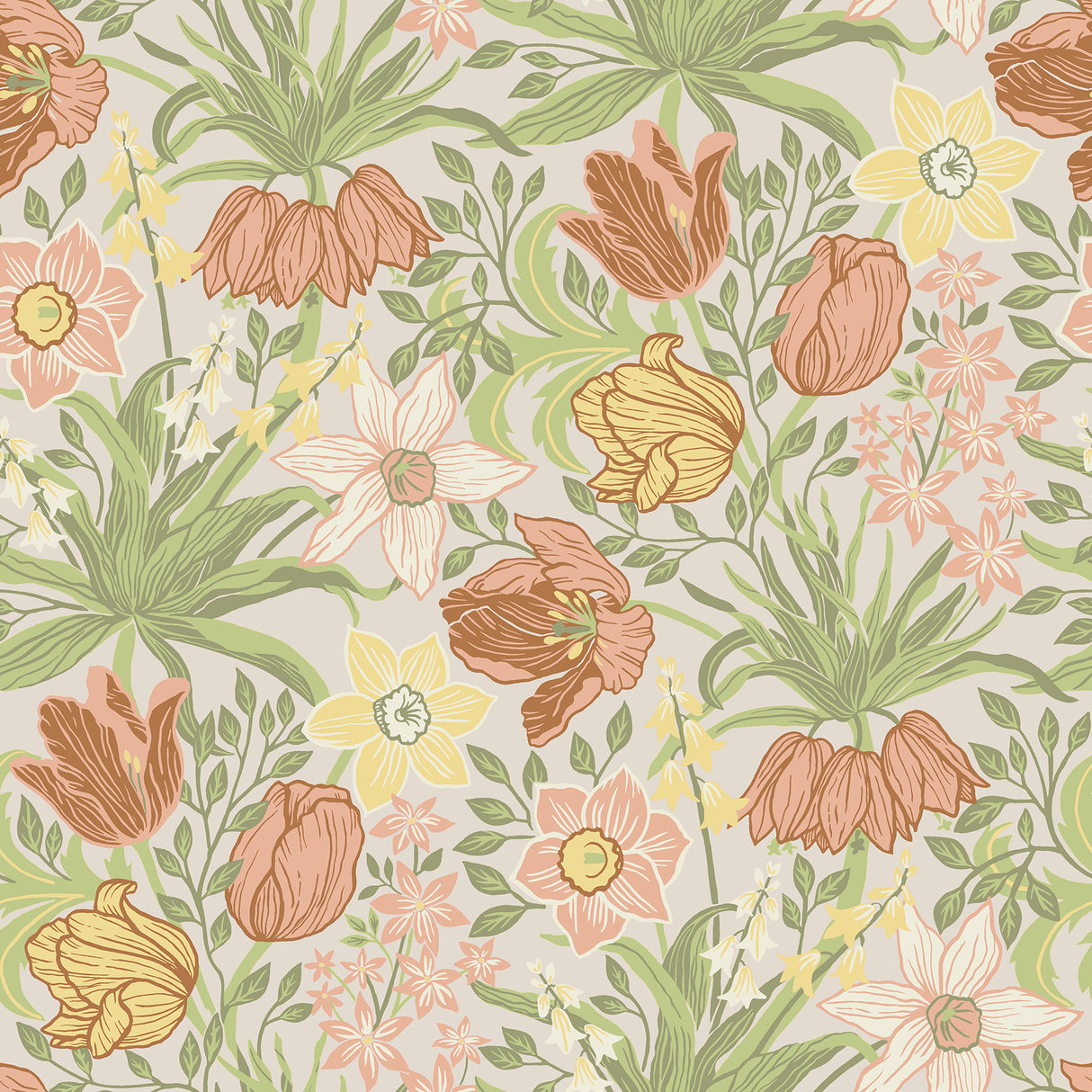 Cecilia Chartreuse Tulip and Daffodil Wallpaper by A-Street Prints - Botanical Spring Floral Pattern in Greens, Pinks, and Yellows on Pale Grey