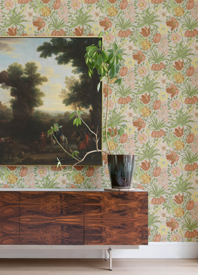 Cecilia Chartreuse Tulip and Daffodil Wallpaper with Botanical Whimsical Floral Pattern - A-Street Prints 4143-34028