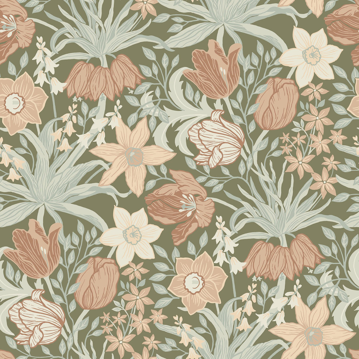 Cecilia Moss Tulip and Daffodil Wallpaper with Whimsical Botanical Floral Pattern - A-Street Prints 4143-34029