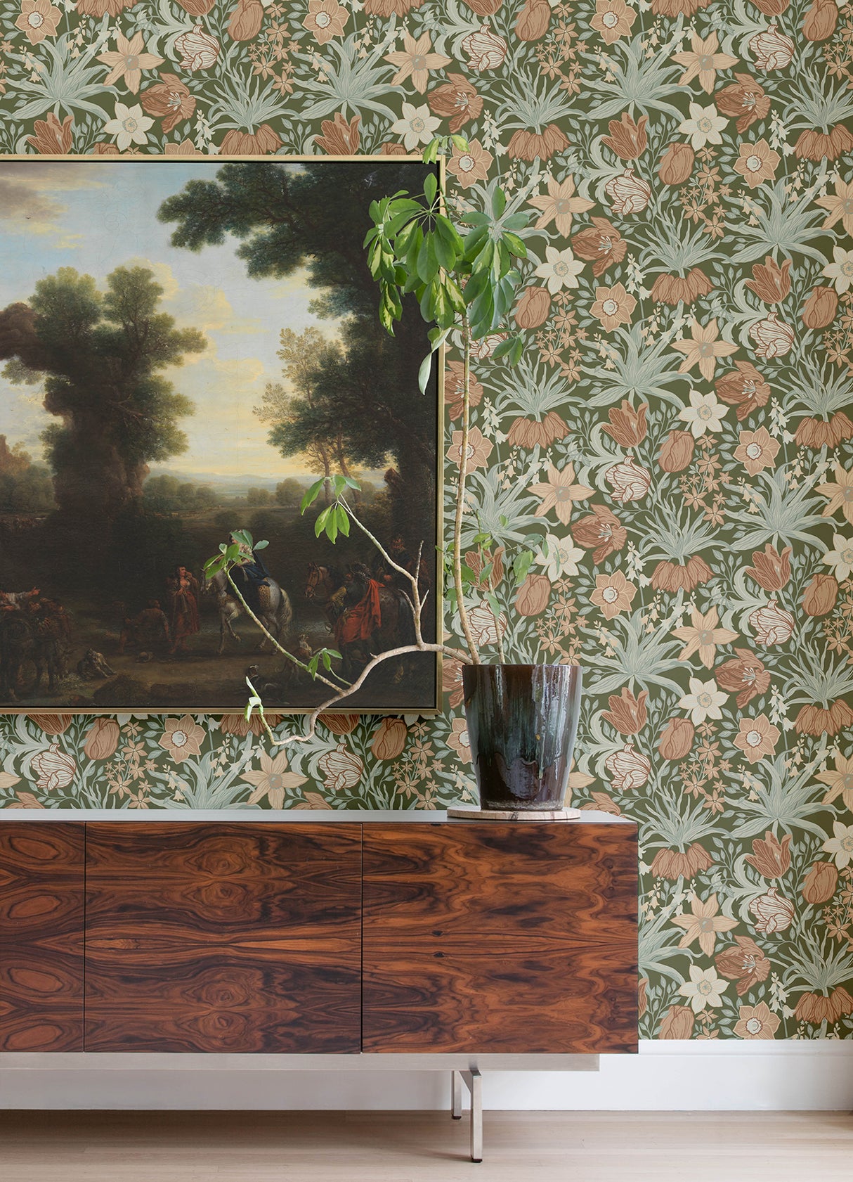Cecilia Moss Tulip and Daffodil Whimsical Botanical Floral Wallpaper Featuring Spring Flowers in Sage Green Tones by A-Street Prints - MD34029