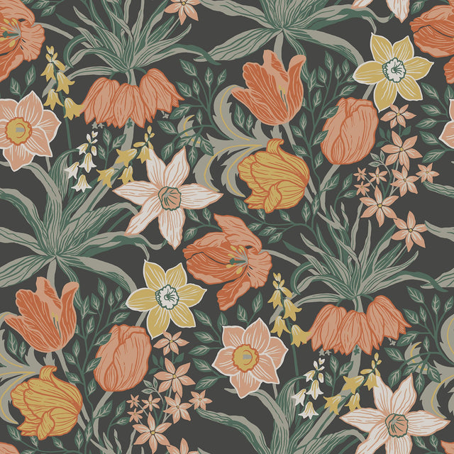 Cecilia Black Tulip and Daffodil Wallpaper with Whimsical Botanical Flowers Pattern - A-Street Prints 4143-34031