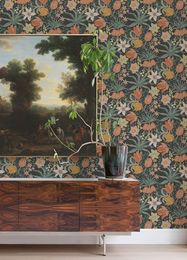 Cecilia Black Tulip and Daffodil Wallpaper with Whimsical Botanical Flowers Pattern - A-Street Prints 4143-34031