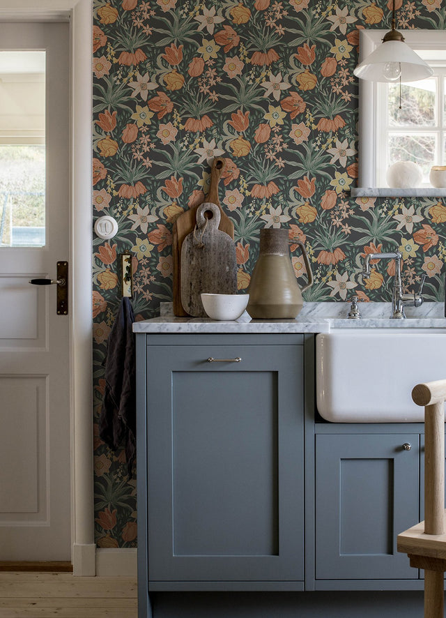 Cecilia Black Tulip and Daffodil Wallpaper with Whimsical Botanical Flowers Pattern - A-Street Prints 4143-34031
