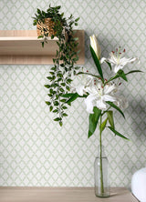 Trevor Sage Leaf Trellis Wallpaper in Sage Green Non Woven Unpasted Strippable by A-Street Prints Botanica Farmhouse Botanical Collection - MD34036