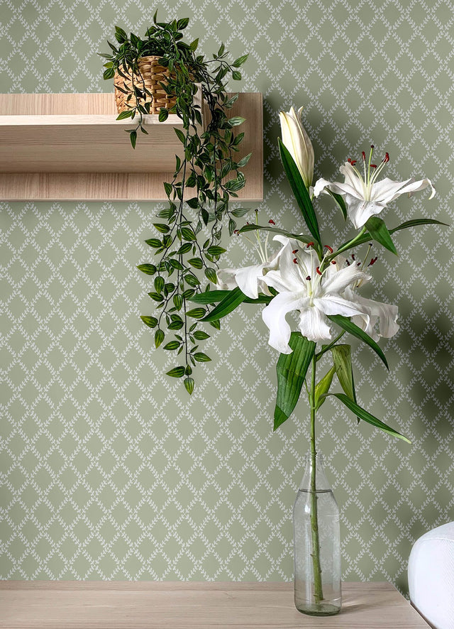 Trevor Moss Leaf Trellis Green Wallpaper with Botanical Leafy Lattice Motif - A-Street Prints 4143-34037