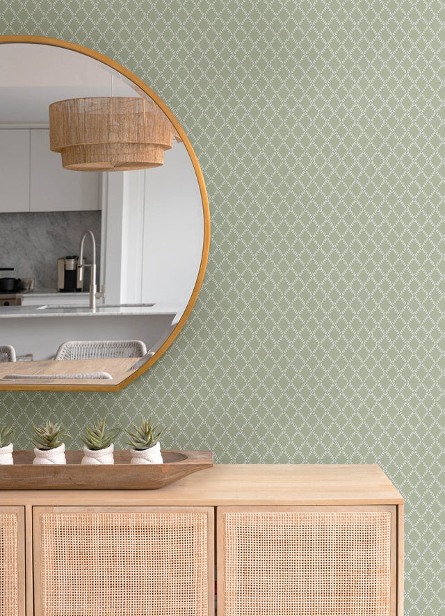 Trevor Moss Leaf Trellis Green Wallpaper with Botanical Leafy Lattice Motif - A-Street Prints 4143-34037