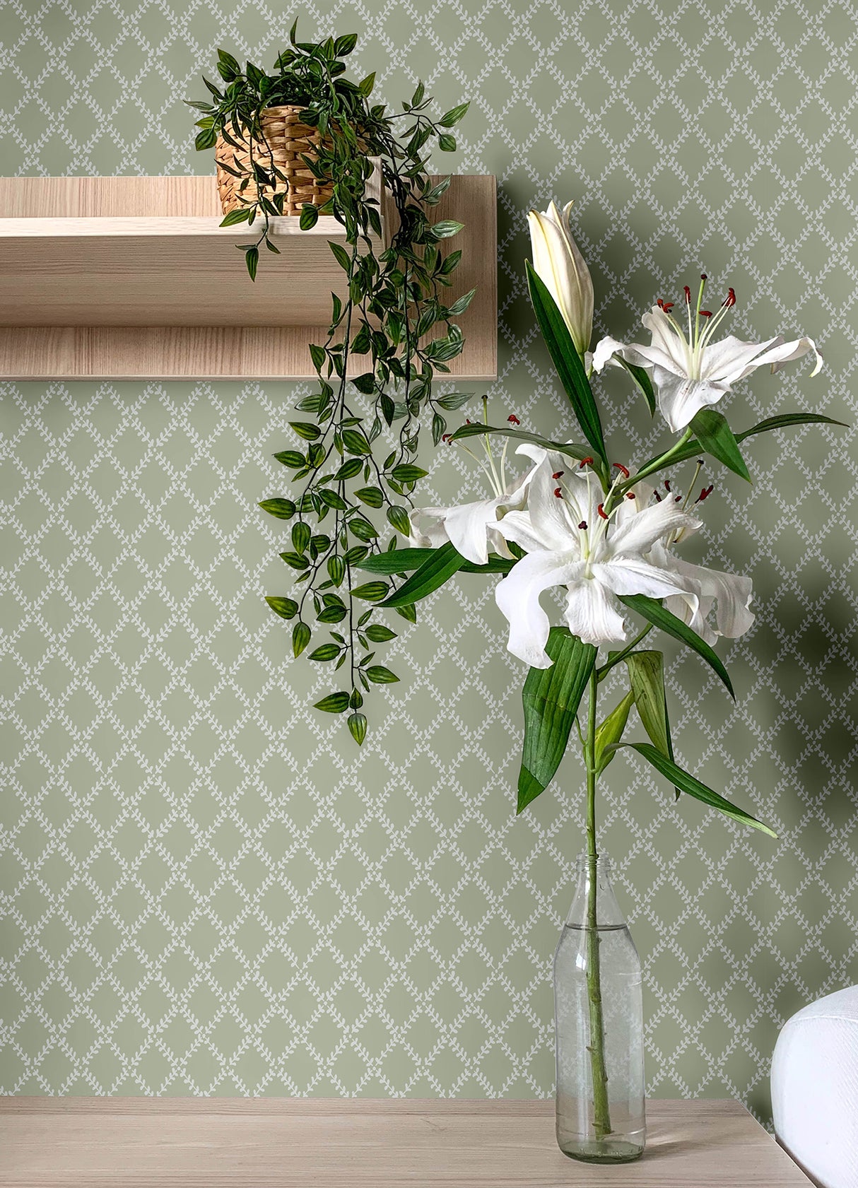 Trevor Moss Leaf Trellis Wallpaper in Moss by A-Street Prints Farmhouse Botanical Non Woven Unpasted Sidewall - MD34037