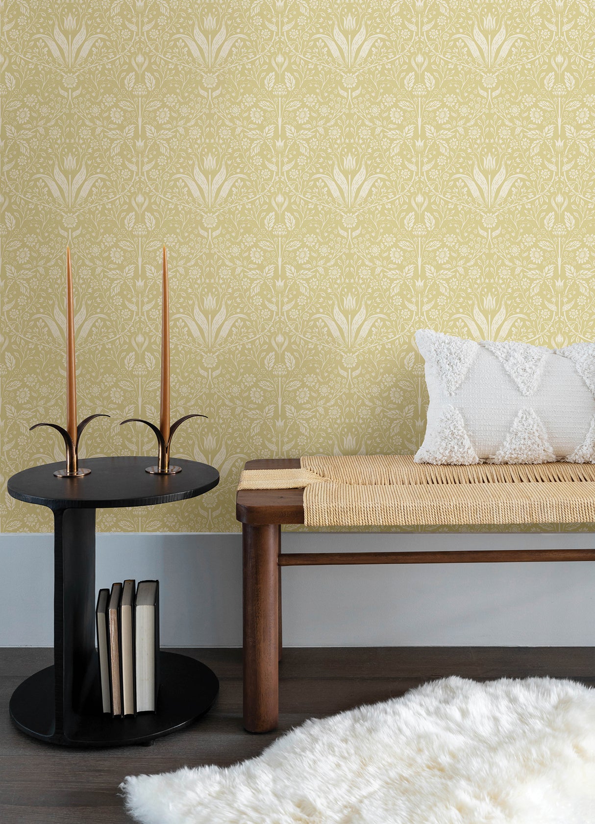 Mara Yellow Tulip and Daisy Botanical Ogee Scandinavian Non Woven Strippable Floral Wallpaper by A-Street Prints Botanica Collection MD34038