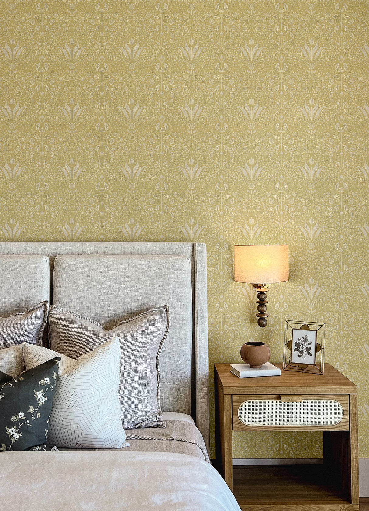 Mara Yellow Tulip and Daisy Botanical Ogee Scandinavian Non Woven Strippable Floral Wallpaper by A-Street Prints Botanica Collection MD34038