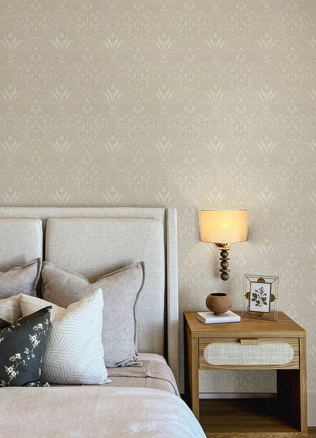 Mara Beige Tulip Ogee Wallpaper with Scandinavian Botanical Pattern - Brewster 4143-34039