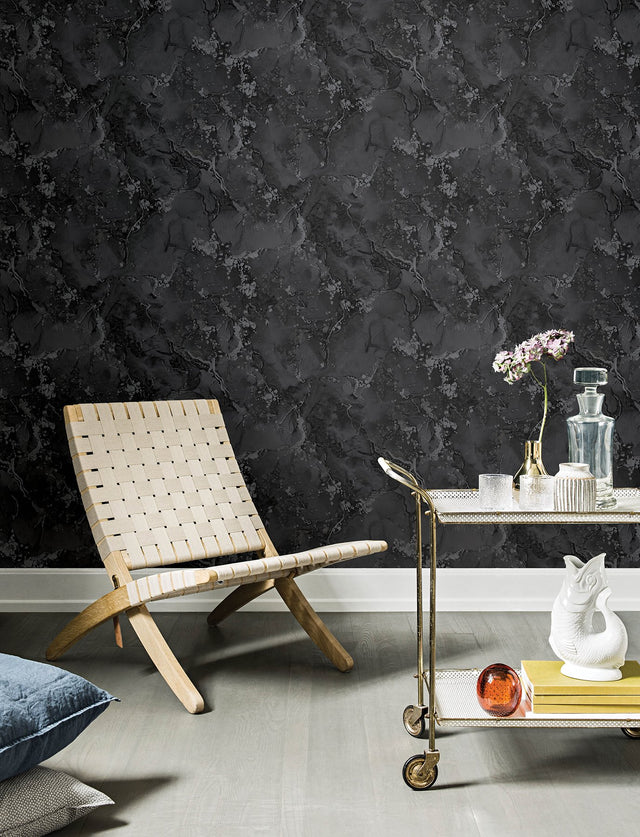 Grandin Black Marbled Wallpaper with Glam Abstract Stone Pattern - Advantage 4144-9105