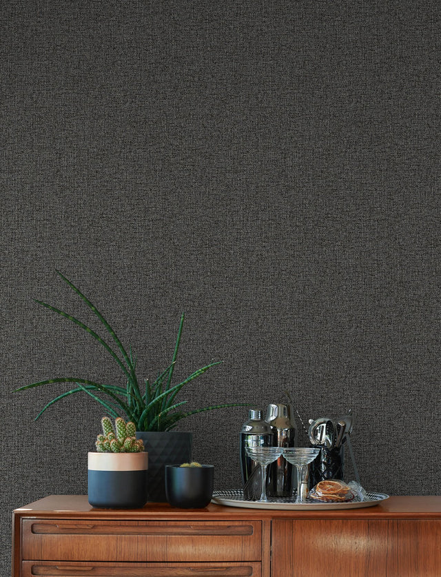 Hatton Black Faux Tweed Wallpaper with Modern Fabric Texture Pattern - Advantage 4144-9126
