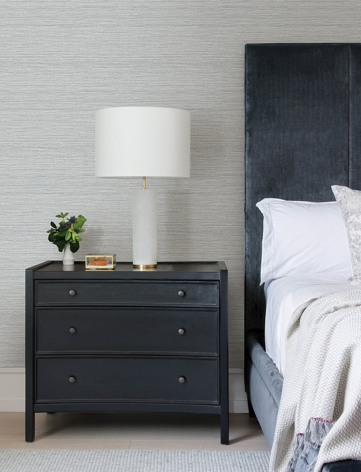Hazen Grey Shimmer Stripe Wallpaper with Faux Grasscloth Texture - Advantage 4144-9131