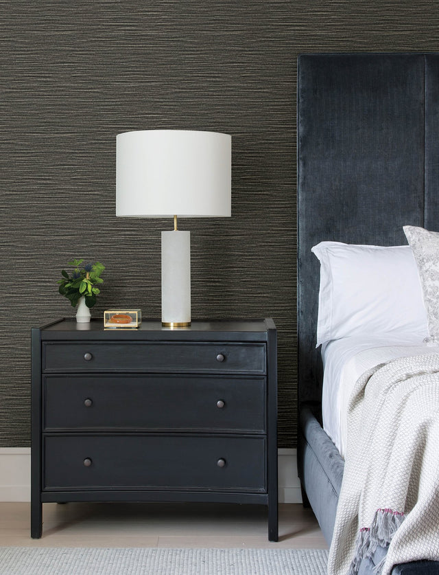 Hazen Black Shimmer Stripe Wallpaper with Faux Grasscloth Texture - Advantage 4144-9132