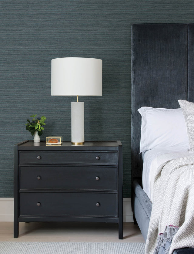 Hazen Dark Blue Shimmer Stripe Wallpaper with Faux Grasscloth Graphics - Advantage 4144-9133