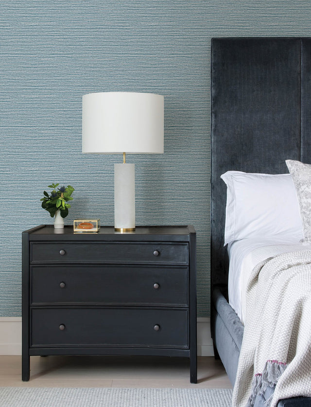 Hazen Blue Shimmer Stripe Wallpaper with Faux Grasscloth Graphic Pattern - Advantage 4144-9134