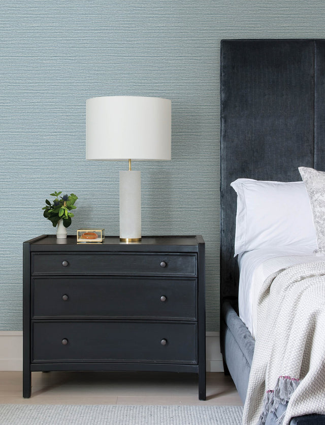 Hazen Sky Blue Shimmer Stripe Wallpaper with Faux Grasscloth Modern Pattern - Advantage 4144-9135