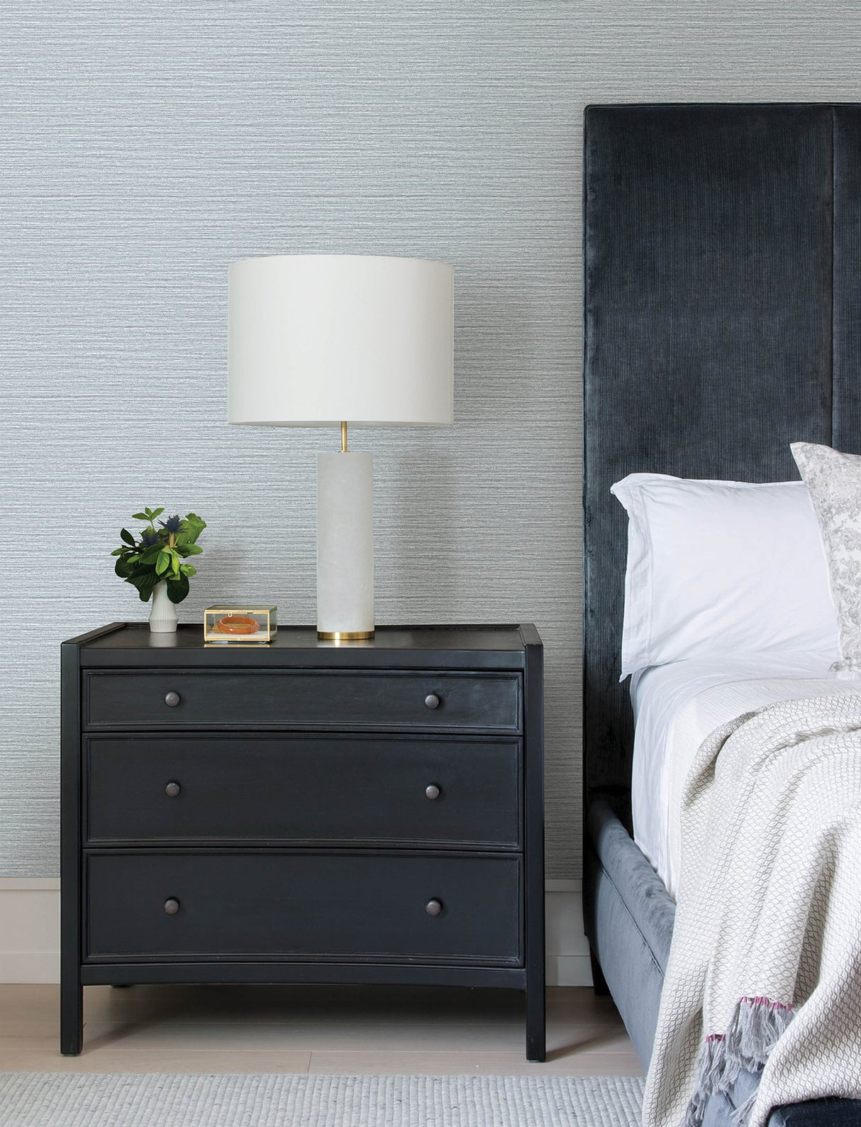 Hazen Light Blue Shimmer Stripe Wallpaper with Faux Grasscloth Texture, Modern Metallic Raised-Ink - Advantage 4144-9136