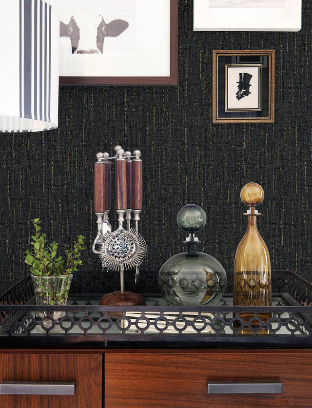 Sanburn Black Metallic Linen Wallpaper with Faux Fabric Texture - Advantage 4144-9148