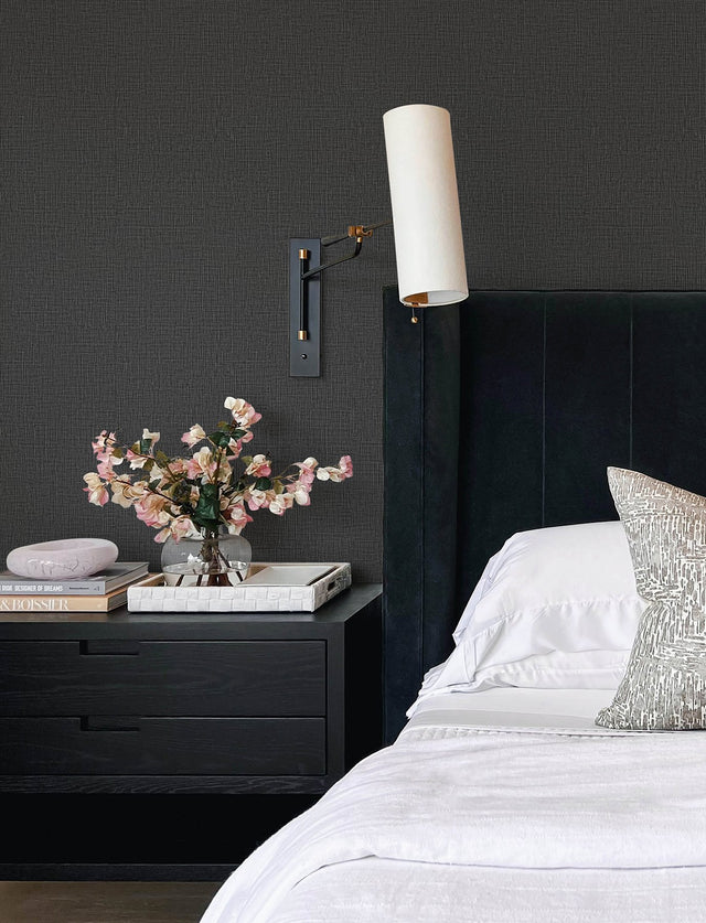 Eagen Black Linen Weave Wallpaper with Metallic Textured Faux Fabric Pattern - Advantage 4144-9172