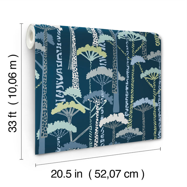 Unify Indigo Forest Wallpaper with Botanical Trees Motif, Bohemian Style - Brewster 4146-27208