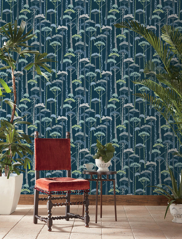 Unify Indigo Forest Wallpaper with Botanical Trees Motif, Bohemian Style - Brewster 4146-27208