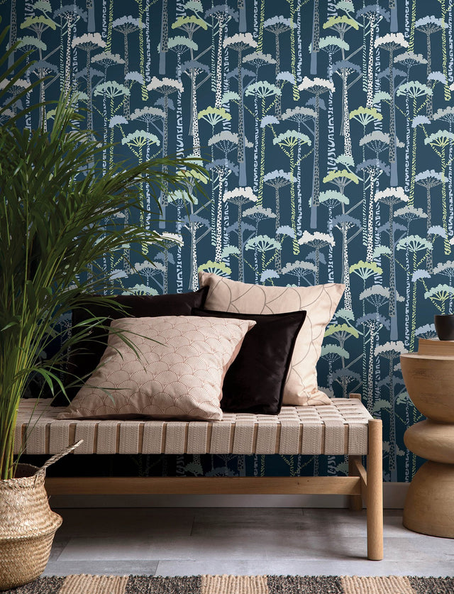 Unify Indigo Forest Wallpaper with Botanical Trees Motif, Bohemian Style - Brewster 4146-27208