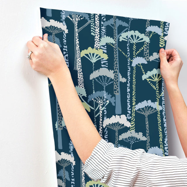Unify Indigo Forest Wallpaper with Botanical Trees Motif, Bohemian Style - Brewster 4146-27208