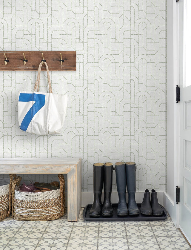 Integrity Light Green Arched Outlines Wallpaper with Modern Geometric Pattern - Brewster 4146-27220