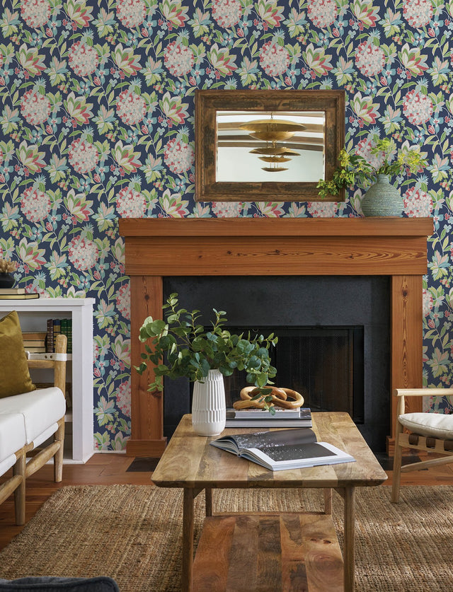 Valdivian Fuchsia Floral Wallpaper Navy Ground with Botanical Flowers - A?Street Prints 4146-27224