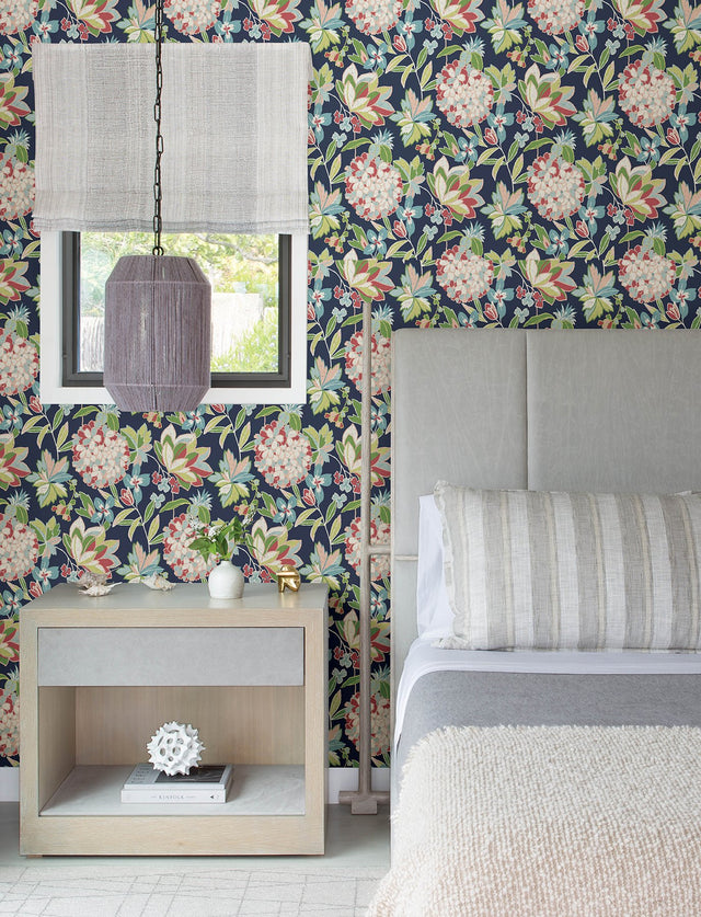 Valdivian Fuchsia Floral Wallpaper Navy Ground with Botanical Flowers - A?Street Prints 4146-27224