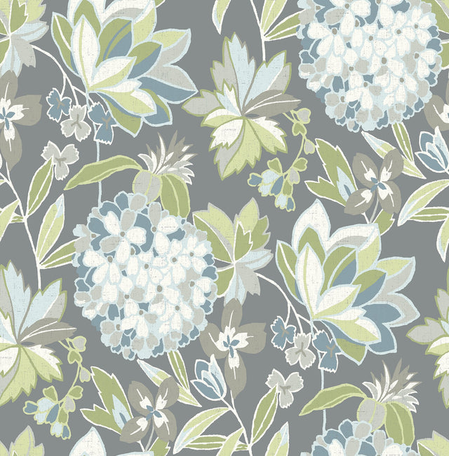 Valdivian Aqua Floral Wallpaper with Botanical Flowers Motif, Bohemian Style - Brewster 4146-27227