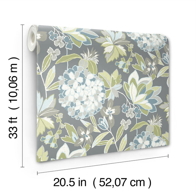 Valdivian Aqua Floral Wallpaper with Botanical Flowers Motif, Bohemian Style - Brewster 4146-27227