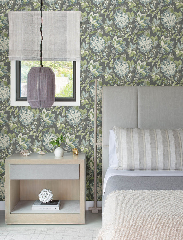 Valdivian Aqua Floral Wallpaper with Botanical Flowers Motif, Bohemian Style - Brewster 4146-27227