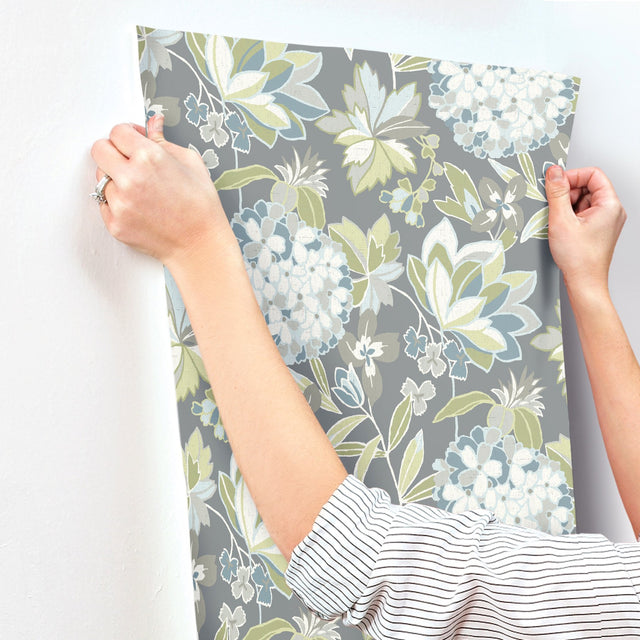 Valdivian Aqua Floral Wallpaper with Botanical Flowers Motif, Bohemian Style - Brewster 4146-27227