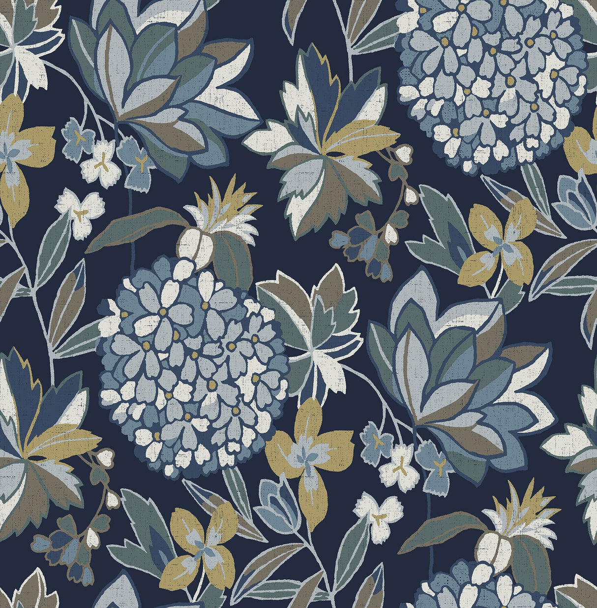 Valdivian Indigo Floral Wallpaper with Bohemian Botanical Flower Pattern - Brewster 4146-27228