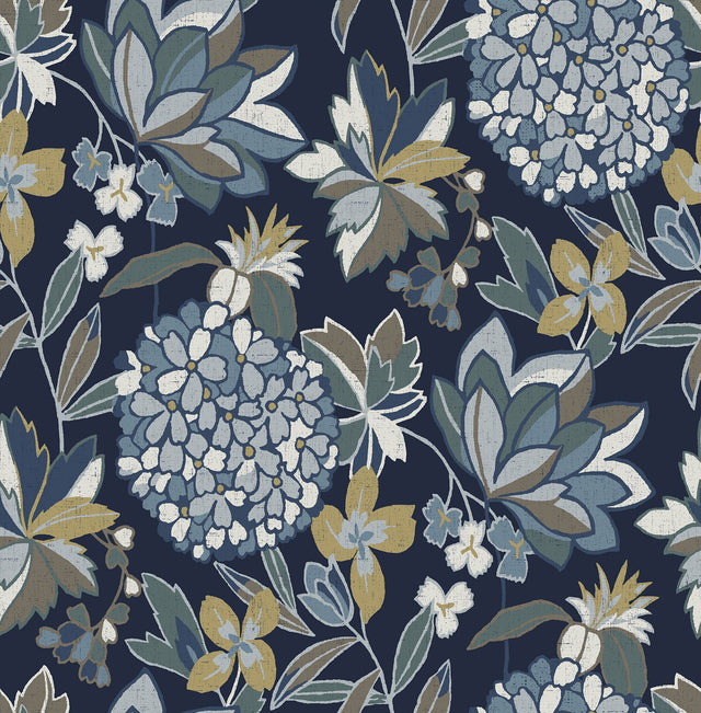 Valdivian Indigo Floral Wallpaper with Bohemian Botanical Flower Pattern - Brewster 4146-27228