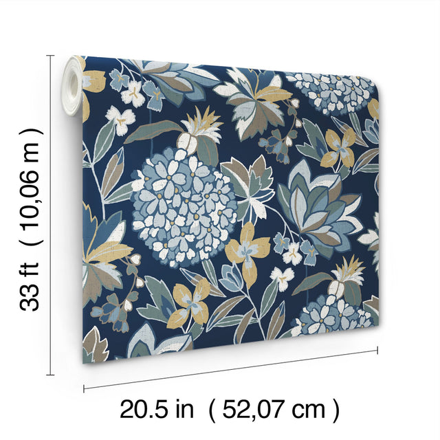 Valdivian Indigo Floral Wallpaper with Bohemian Botanical Flower Pattern - Brewster 4146-27228