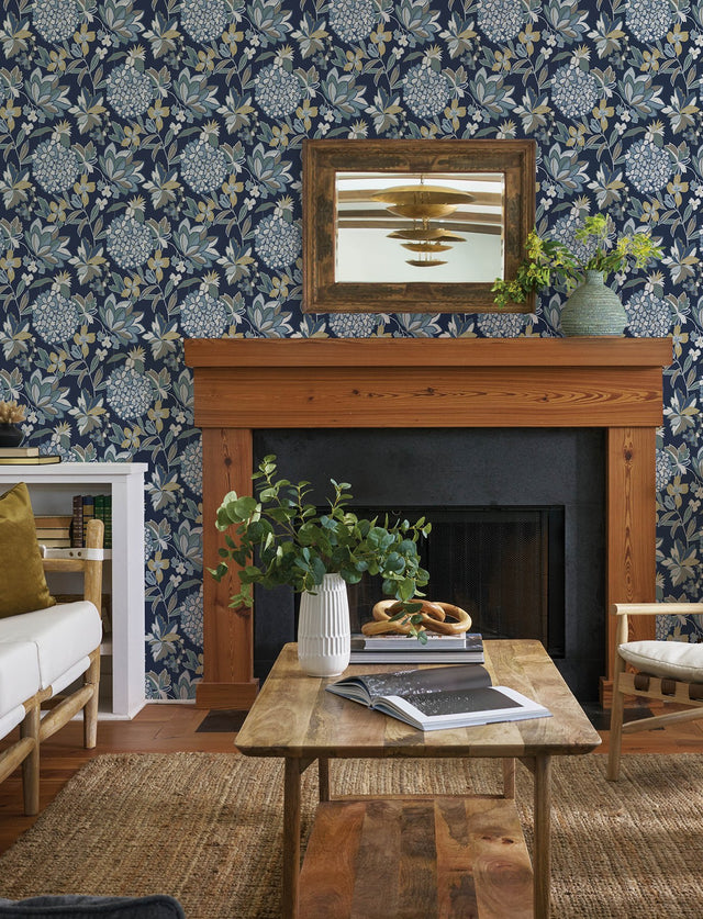 Valdivian Indigo Floral Wallpaper with Bohemian Botanical Flower Pattern - Brewster 4146-27228