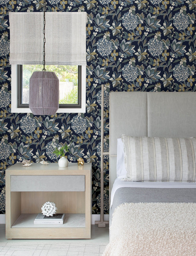 Valdivian Indigo Floral Wallpaper with Bohemian Botanical Flower Pattern - Brewster 4146-27228