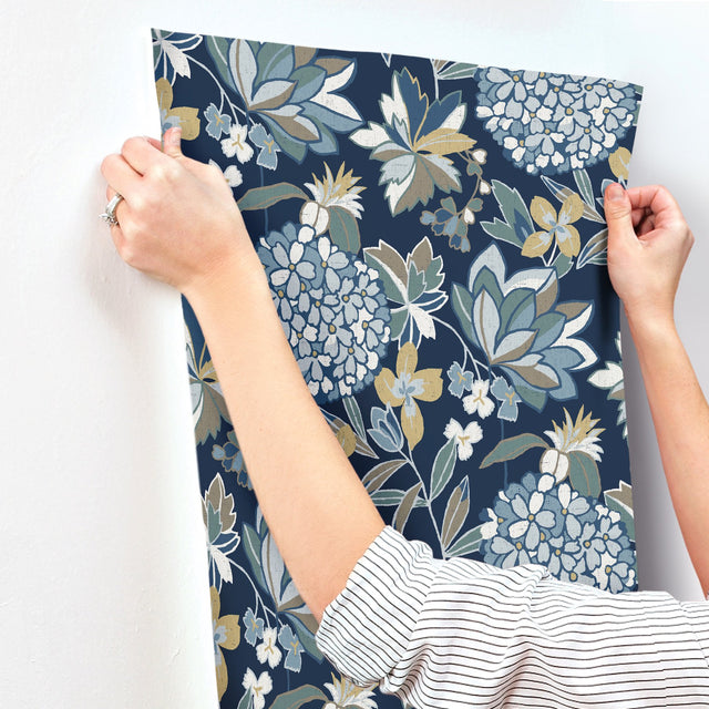Valdivian Indigo Floral Wallpaper with Bohemian Botanical Flower Pattern - Brewster 4146-27228