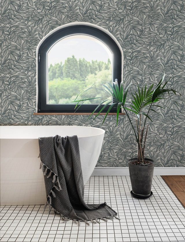Rhythmic Denim Leaf Wallpaper with Botanical Leaves Motif, Farmhouse Style - A-Street Prints 4146-27230