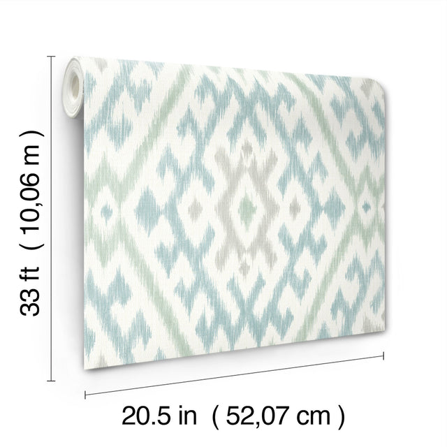 Solola Aqua Ikat Wallpaper with Bohemian Global Pattern, Raised Ink Textured - A-Street Prints 4146-27236