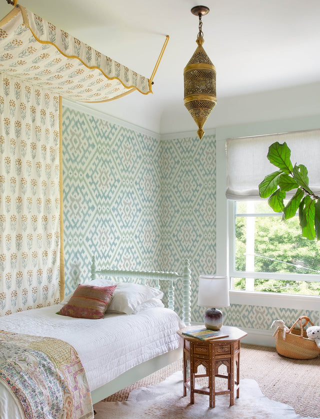 Solola Aqua Ikat Wallpaper with Bohemian Global Pattern, Raised Ink Textured - A-Street Prints 4146-27236