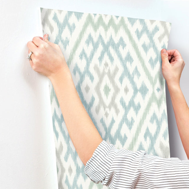 Solola Aqua Ikat Wallpaper with Bohemian Global Pattern, Raised Ink Textured - A-Street Prints 4146-27236