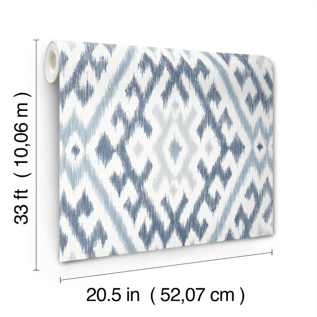 Solola Blue Ikat Wallpaper with Bohemian Global Pattern - Brewster 4146-27238