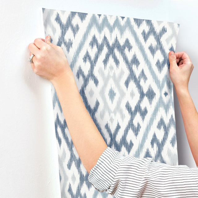 Solola Blue Ikat Wallpaper with Bohemian Global Pattern - Brewster 4146-27238