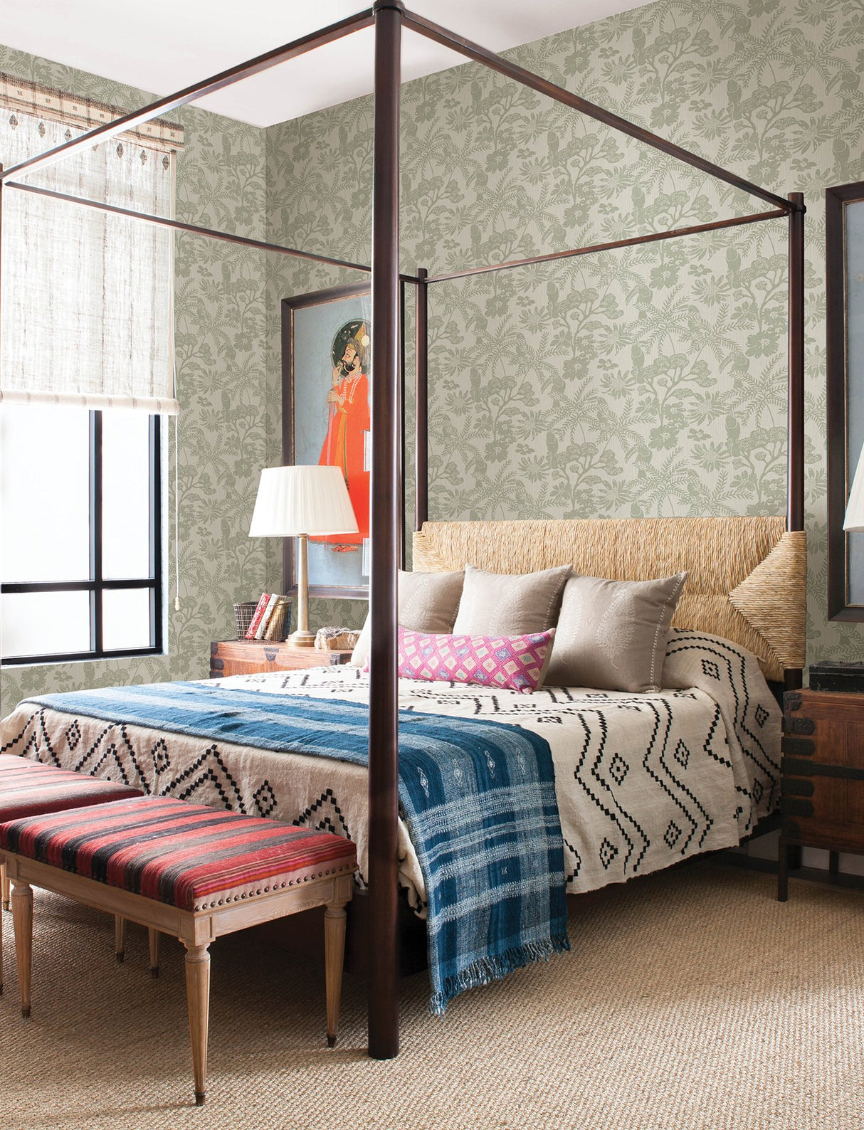 Jacaranda Sage Tropical Trail Textured Wallpaper with Bohemian Animals Motif - A-Street Prints 4146-27244