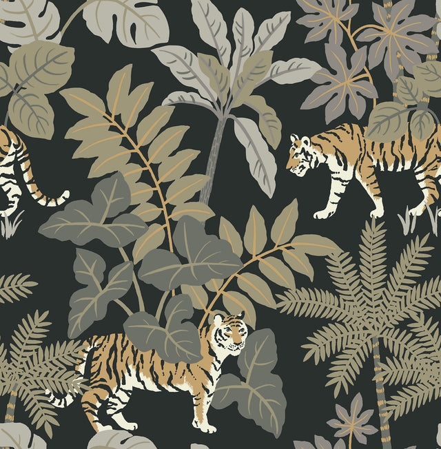 Caspian Charcoal Jungle Prowl Wallpaper with Metallic Bohemian Animal Motif - A-Street Prints 4146-27249